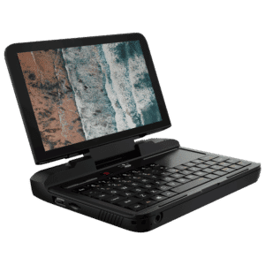 GPD Micro PC Shown from an angle featuring a QWERTY Keyboard, Trackpad and Display