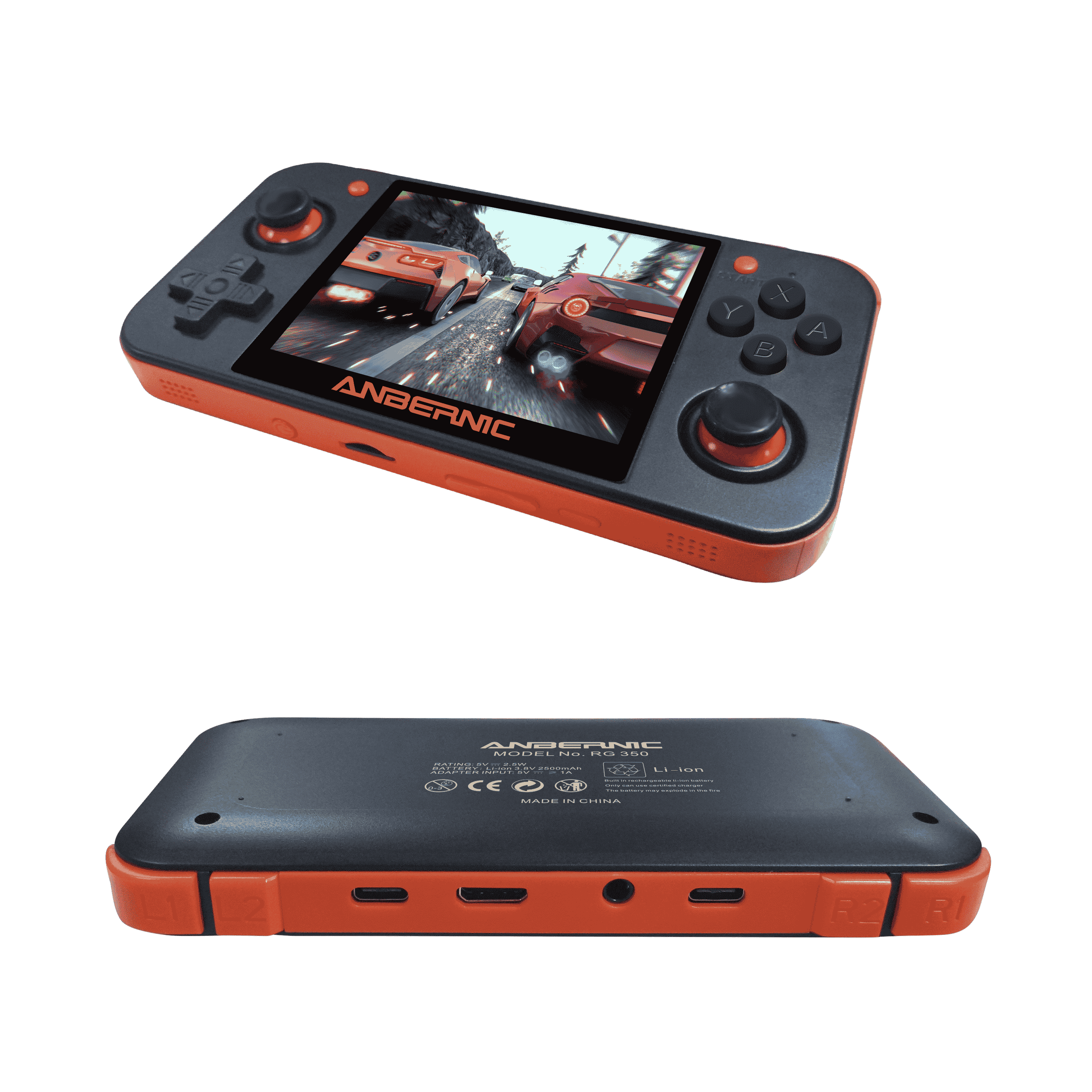 DroiX RetroGame RG350 Retro Gaming Handheld Console - Black showing Front and Back