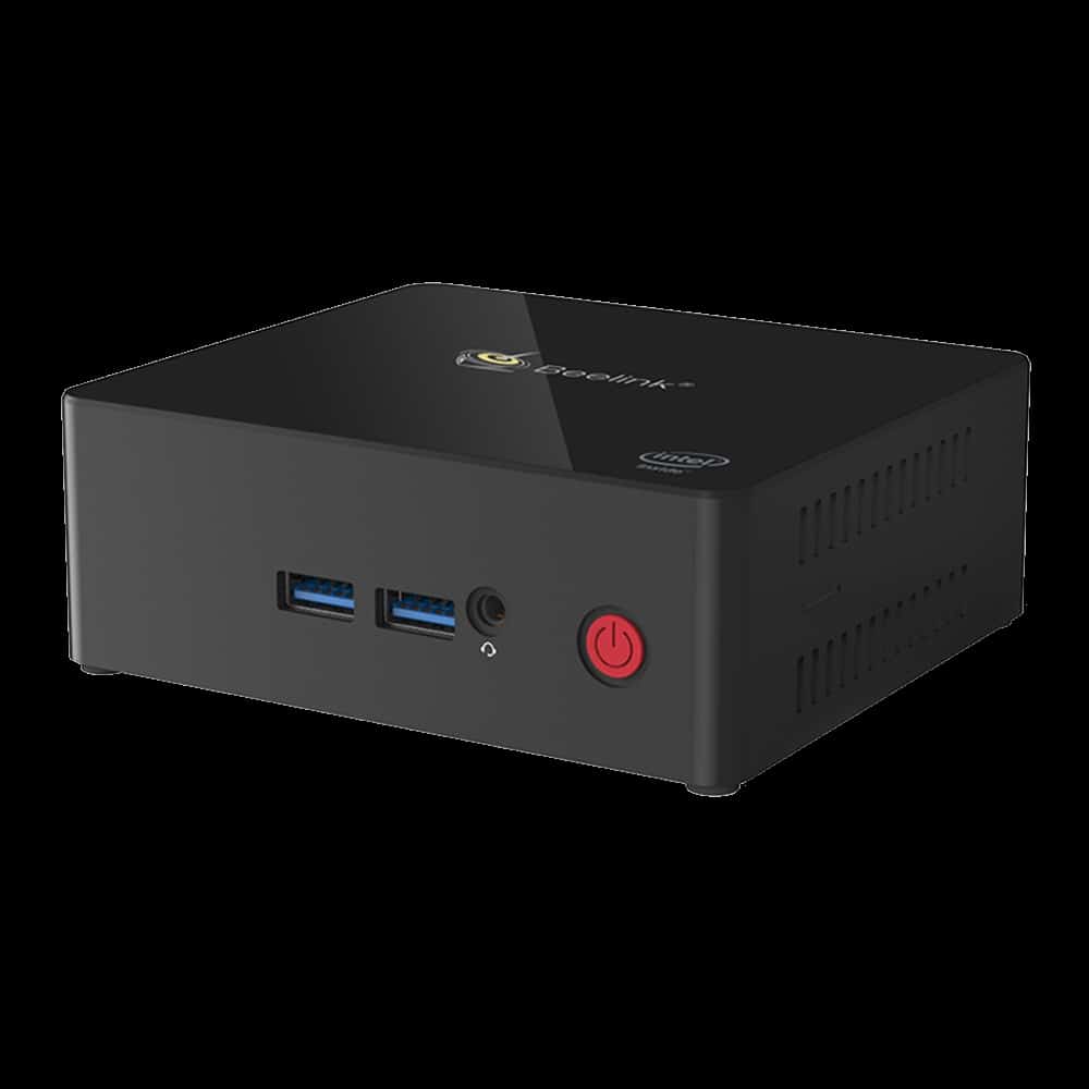 Beelink X55 Windows 10 Home Mini Computer showing front USB 3.0 Ports and 3.5mm Headphone&Microphone Jack along with Power Button