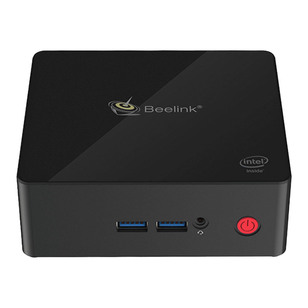 Beelink X55 Windows 10 Home Mini Computer showing front USB 3.0 Ports and 3.5mm Headphone&Microphone Jack along with Power Button and top Beelink logo
