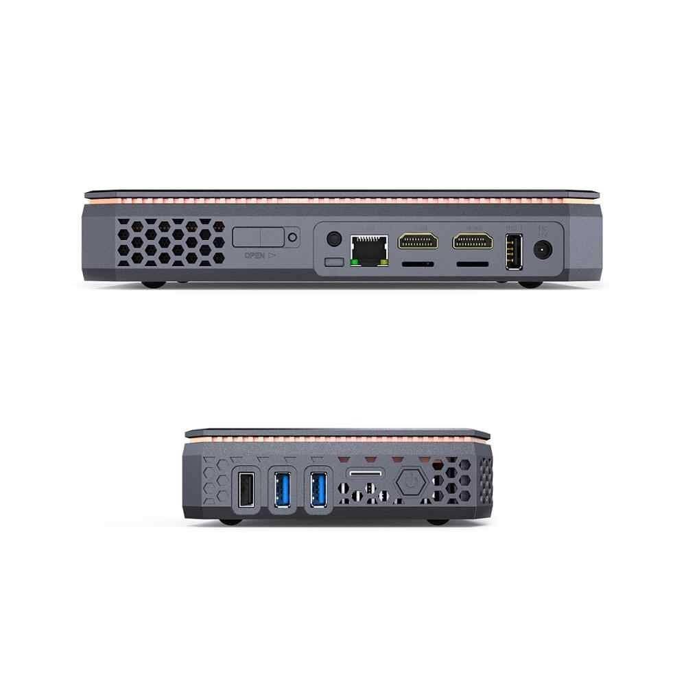 AMD T12 Windows 10 HTPC - Showing rear I/O with Power Supply Port, 2x HDMI Ports, 1GB/s LAN Port, Kensington Lock and 3.5mm Headphone Jack and Right-Side with Power Button, MicroSD/TF Card Slot, 2x USB Type-A 3.0 Ports and 1x USB Type-A 2.0