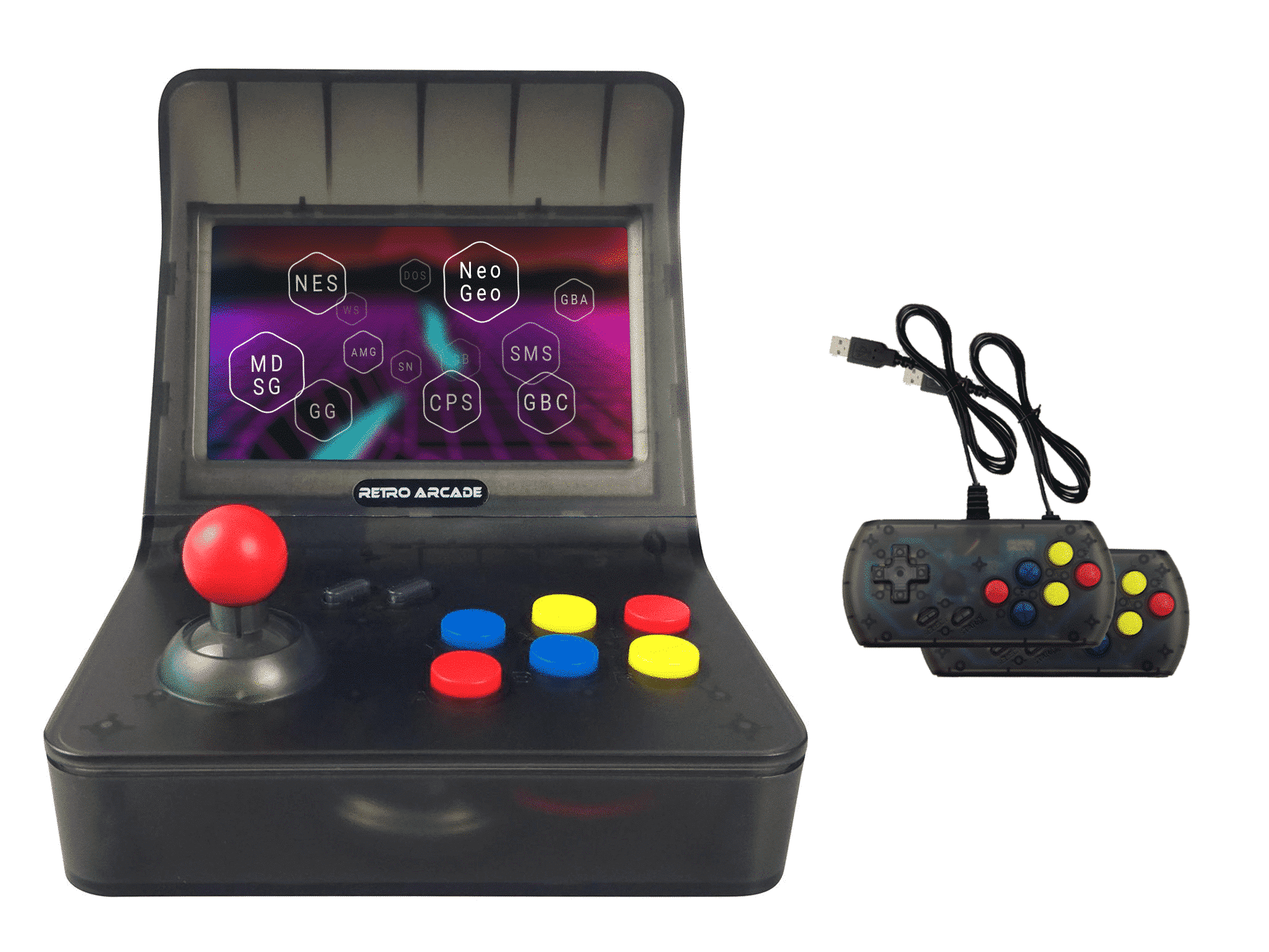 Coolbaby  RS-07 Retro Arcade Front Photo with two controllers displaying Compatible Emulators