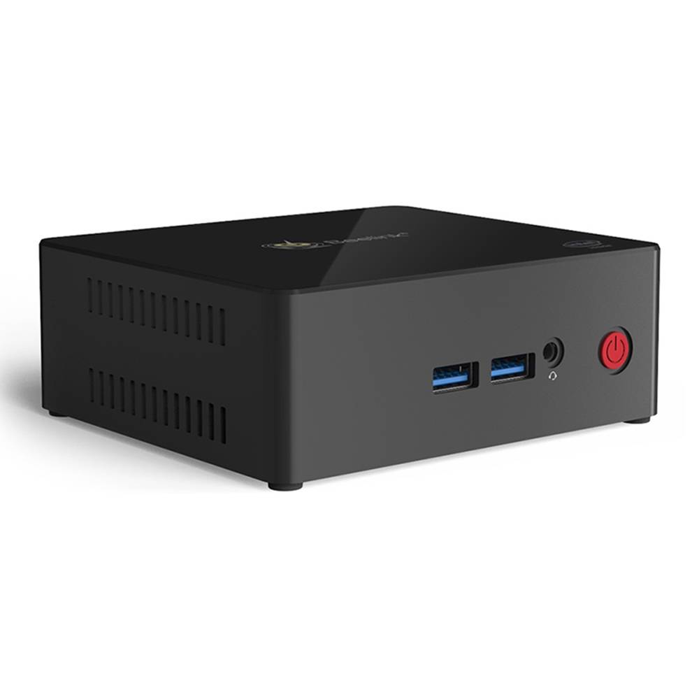 Beelink X55 Windows 10 Home Mini Computer showing front USB 3.0 Ports and 3.5mm Headphone&Microphone Jack along with Power Button and left grille