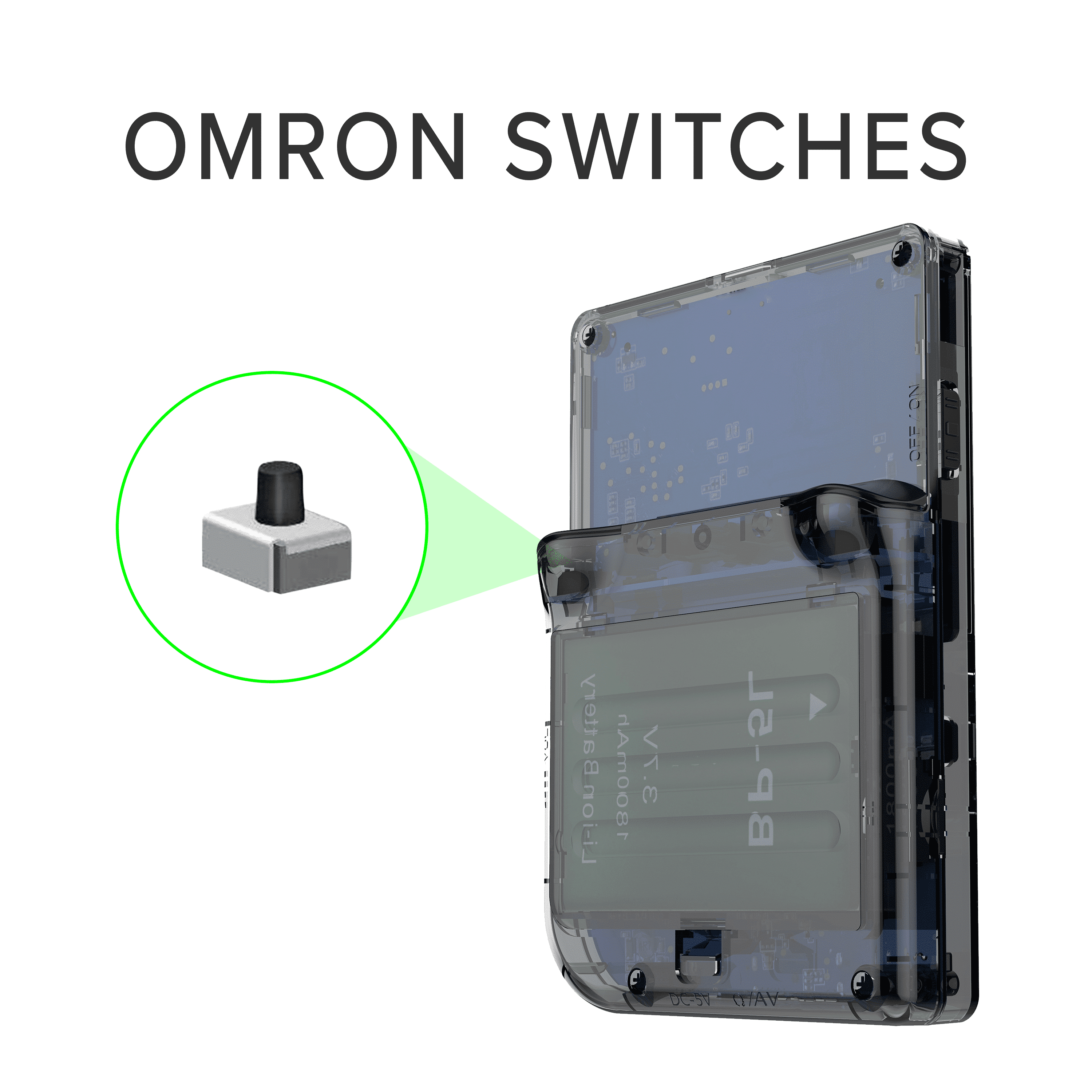 RG300 OpenDingux Retro Gaming Portable Handheld - Transparent Showcasing OMRON Switches