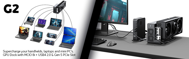 G2 GPU Dock connects handhelds, laptops, tablets and mini PCs to a PCIe expansion dock.