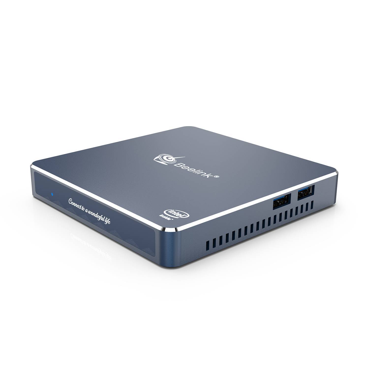 Beelink Gemini M Intel Mini PC Computer - Shown from angle with front plate and 2x USB Ports
