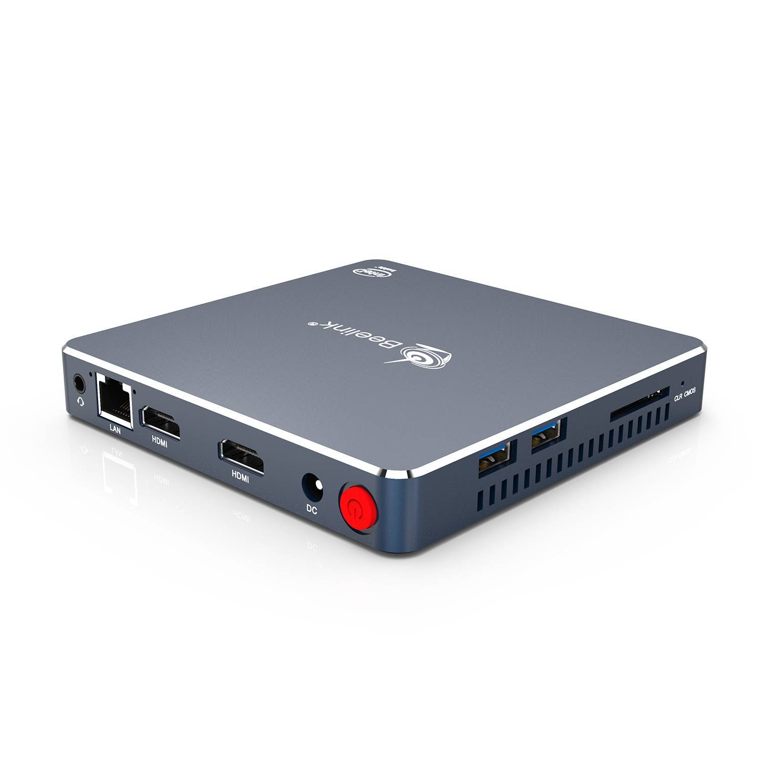 Beelink Gemini M Intel Mini PC Computer - Shown from corner with 2x USB Ports, Audio Jack, RJ45 Ethernet Port, dual HDMI, power plug and button from the back and 2x USB Ports and SD Card slot