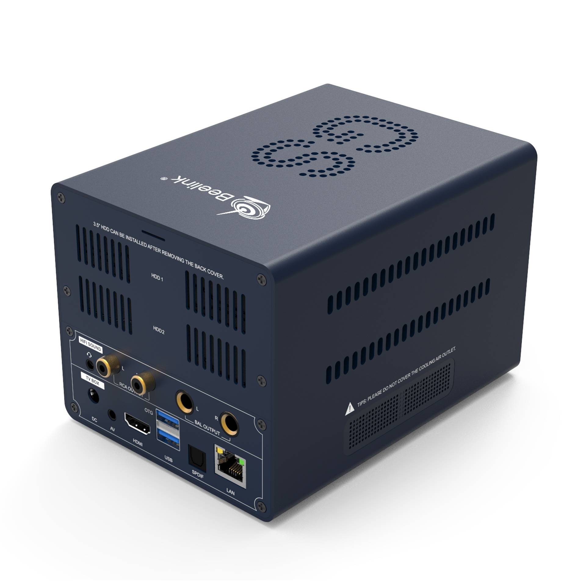 Beelink GS-King X Android BOX with Nas - Showing rear I/O with Audio Output, DC, DV, HDMI,LAN,SPDIF and USB Ports at angle