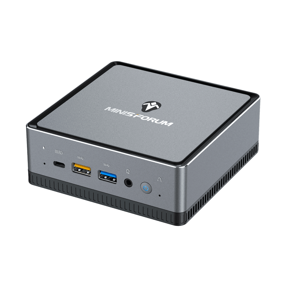 MINISFORUM DMAF5 AMD Mini PC with Ryzen 5 - Shown from top right angle with Mic In, 2x USB Type-A Ports, 1x USB Type-C Port, 3.5mm Jack and Power Button