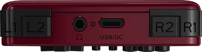 ANBERNIC RG280V Gold Retro Gaming Handheld - Showing Shoulder Buttons, 3.5mm Headphone Jack and USB Type-C Port