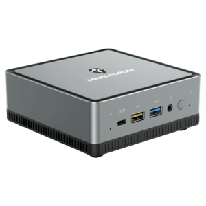 MinisForum UM250 AMD Mini PC - Showing front Microphone, USB-Type C Port, 2x USB Type-A Ports and 3.5mm Headphone Jack along with Power Button