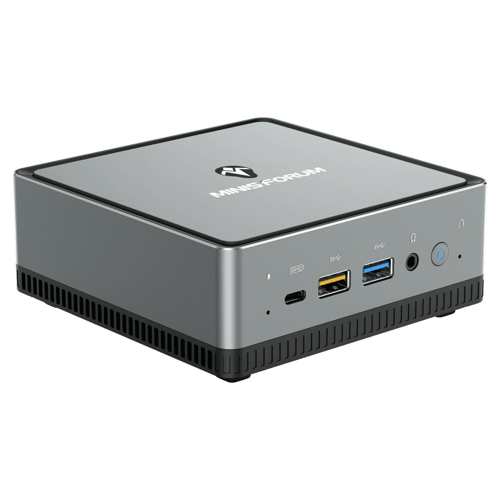 MinisForum UM250 AMD Mini PC - Showing front Microphone, USB-Type C Port, 2x USB Type-A Ports and 3.5mm Headphone Jack along with Power Button