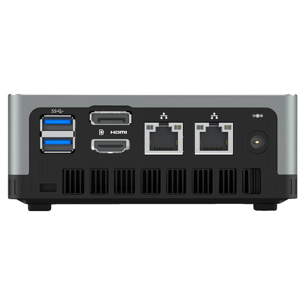 MinisForum UM250 AMD Mini PC - Showing rear I/O with 2x USB Type-A 3.0, 1x DP Port, 1x HDMI Port, and 2x RJ45 Ports for Ethernet along with Power Port
