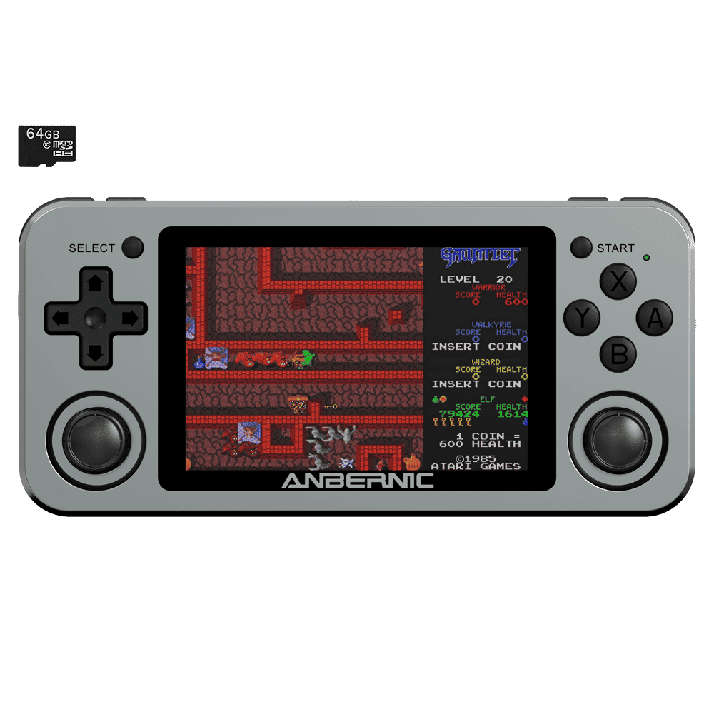 RG351M Space Grey Retro Gaming Handhelds - Showing from the front with retro game playing