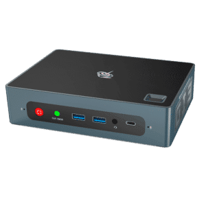 Beelink GTi 10 Windows Intel NUC Mini PC - Showing from the front with Power Button, CMOS Reset Button, 2x USB Type-A 3, 3.5mm Headphone&Microphone Jack and USB Type-C