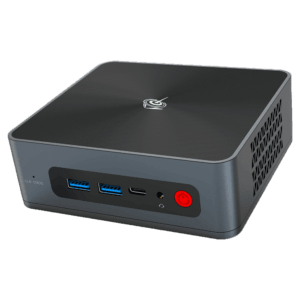 Beelink SEi 10 i3 Mini PC showing from front at angle with 2x USB Type-A 3.0 and 1x USB Type-C Port along with 3.5mm Headphone Jack