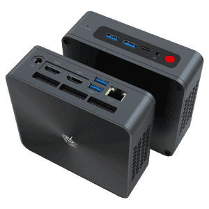 Beelink SEi 10 i3 Mini PC showing from front at angle with 2x USB Type-A 3.0 and 1x USB Type-C Port along with 3.5mm Headphone Jack and from the back with RJ45 Port, 2x USB Type-A 3.0, dual HDMI Ports and Power Port