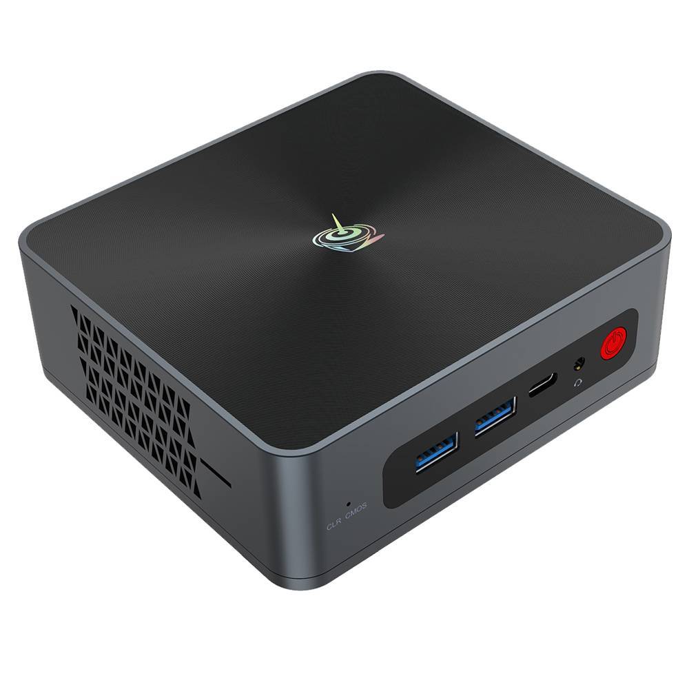 Beelink SEi 10 i3 Mini PC showing from front at angle with 2x USB Type-A 3.0 and 1x USB Type-C Port along with 3.5mm Headphone Jack and from the side with MicroSD Card slot