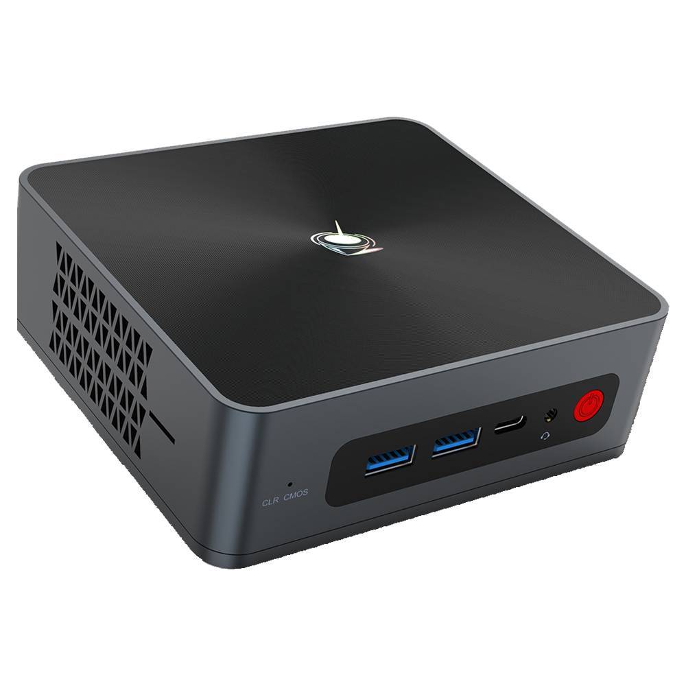 Beelink SEi 10 i3 Mini PC showing from front at angle with 2x USB Type-A 3.0 and 1x USB Type-C Port along with 3.5mm Headphone Jack and from the side with MicroSD Card slot