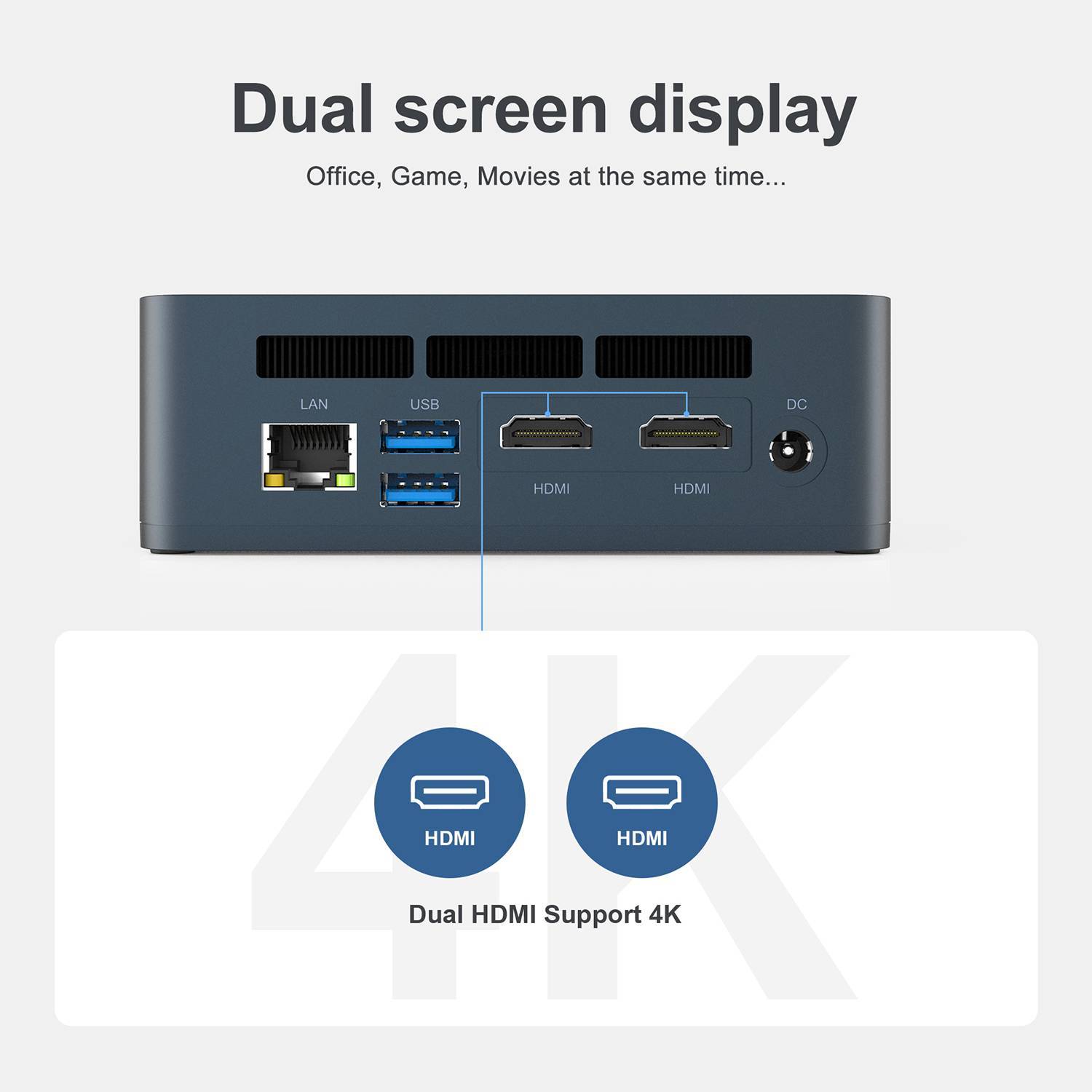 Beelink SEi 10 i3 Mini PC showing dual-display outputs