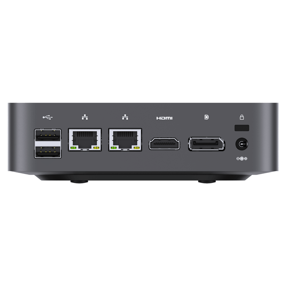 MinisForum X35G Windows Intel NUC Mini PC - Shown from the back at angle with 2x USB Type-A 2.0, 2x RJ45 Ethernet Ports, Display Port and HDMI Port along with Power Port and Kensington Lock