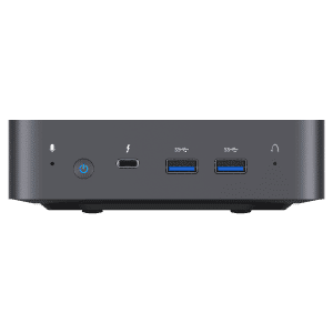 MinisForum X35G Windows Intel NUC Mini PC - Shown from the front with Microphone, Power Port, USB Type-C and 2x USB Type-A 3.0