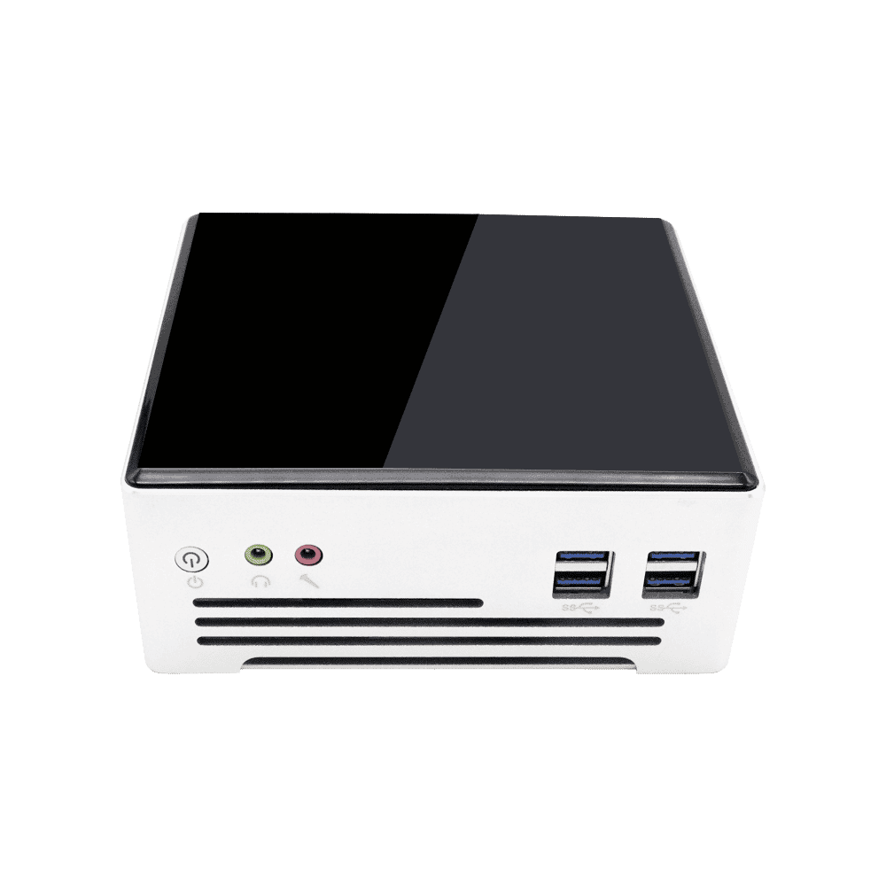 DroiX PROTEUS G4 Intel NUC Mini PC shown from the front with power button, audio output and USB 3.0 Ports