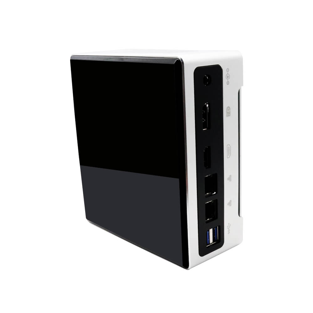 DroiX PROTEUS G4 Intel NUC Mini PC shown from the side with both top and rear i/o visible