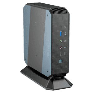MinisForum EliteMini HX90 Gaming Mini PC - Shown from the front with USB Type-A 3.0, Microphone & Headphone Jack, USB-Type C and Power Button from a different angle