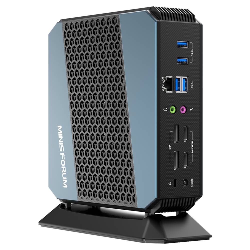 MinisForum EliteMini HX90 Vertical Gaming Mini PC - Shown from the rear at an angle from the left with Power Port, 4x Display Output, Headphone&Microphone Jack, 4x USB Type-C 3.0 and one 2.5G Ethernet Port