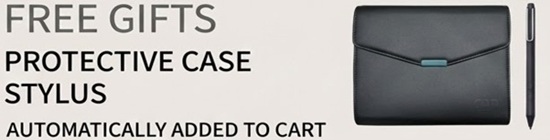 A shorter version of the "FREE GIFTS" promotional banner. It states that a "PROTECTIVE CASE" and "STYLUS" are "AUTOMATICALLY ADDED TO CART". It shows the same black leatherette protective sleeve and black stylus pen but omits the gift box icons seen in the longer version.