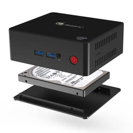 Beelink X55 Windows 10 Home Mini Computer showing front and capability of upgrading the device with a 2.5" HDD/SSD