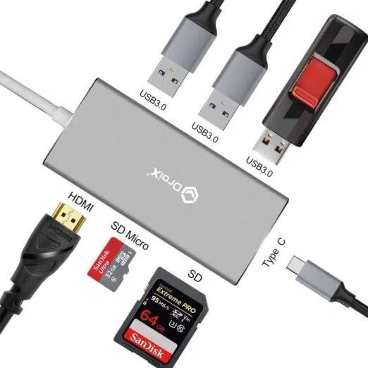 DroiX FX7 USB Type-C Hub illustrating its HDMI, MicroSD, SD, USB Type-C, and three USB Type-A Connections