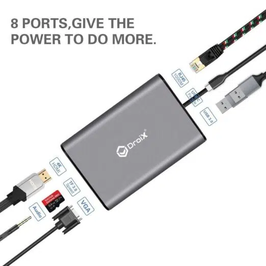 DroiX FX8 USB Type-C Hub illustrating its VGA Port, Audio Port, MicroSD/TF Card, 4K HDMI Port, double USB Type-A 3.0, USB Type-C 3.0 and RJ45 1000M Ethernet Cable