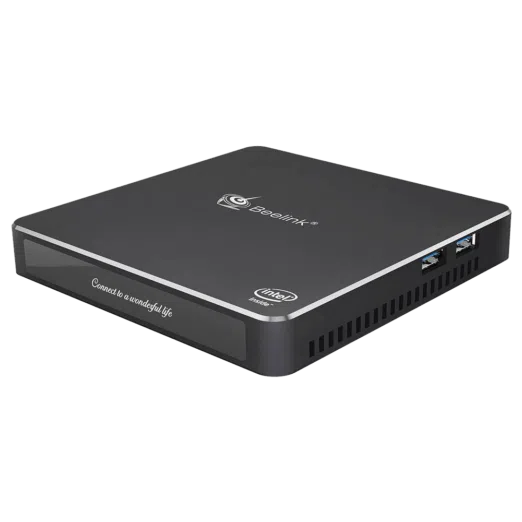 Beelink T45 Windows 10 Home HTPC Mini Computer with Intel Processor showing product at an angle