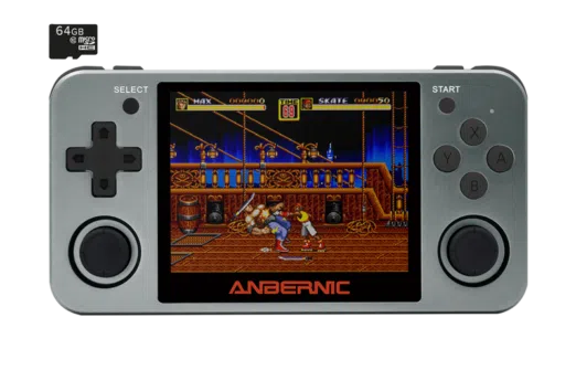 RG350M Space Grey Retro Gaming Handheld console - Front facing playing retro game
