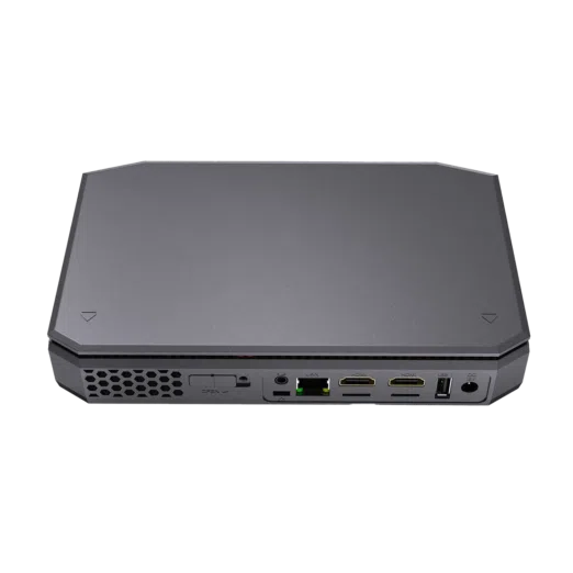 AMD T12 Windows 10 HTPC - Showing rear I/O with Power Supply Port, 2x HDMI Ports, 1GB/s LAN Port, Kensington Lock and 3.5mm Headphone Jack