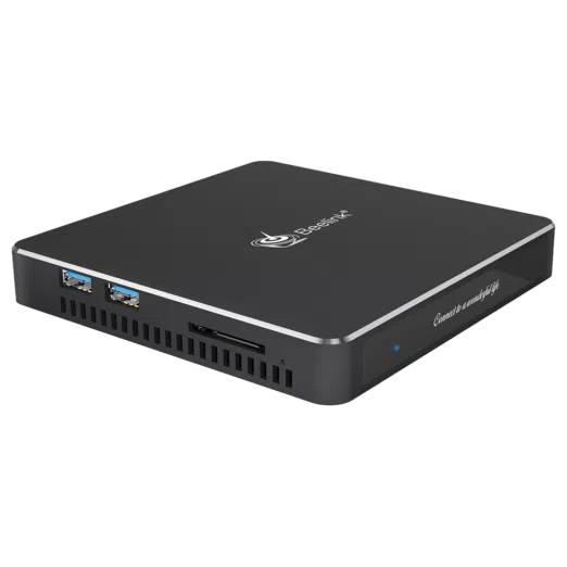 Beelink T34 Windows 10 Mini Computer - Showing at left angle with 2 USB Type-A and SD Card Slot