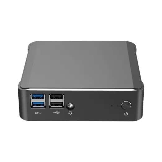 DroiX CK1 Mini PC Windows 10 NUC Up to Intel Core i7 Chipset, 512GB PCI-E NVMe SSD, 16GB DDR4 RAM - Showing front with 2x USB 3.0 Ports ; 2x USB 2.0 Ports ; 3.5mm Headphone&Microphone Jack and Power Button