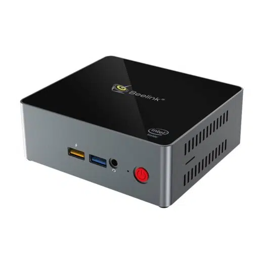 Beelink J45 Windows 10 Mini Computer for Home or Office - Side Front View showing Power Port, 2x USB Type-A and 3.5mm Headphone&Microphone Jack and MicroSD/TF Card Slot