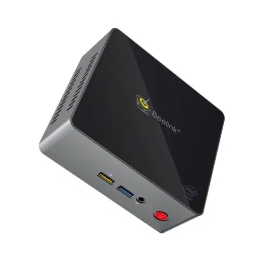 Beelink J45 Windows 10 Mini Computer for Home or Office - Angle Front View showing Power Port, 2x USB Type-A and 3.5mm Headphone&Microphone Jack and MicroSD/TF Card Slot
