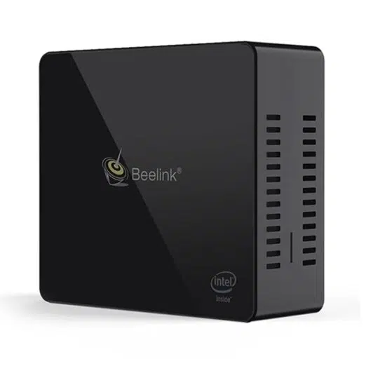 Beelink X55 Windows 10 Home Mini Computer showing left grille with MicroSD/TF Card Slot and Beelink top logo