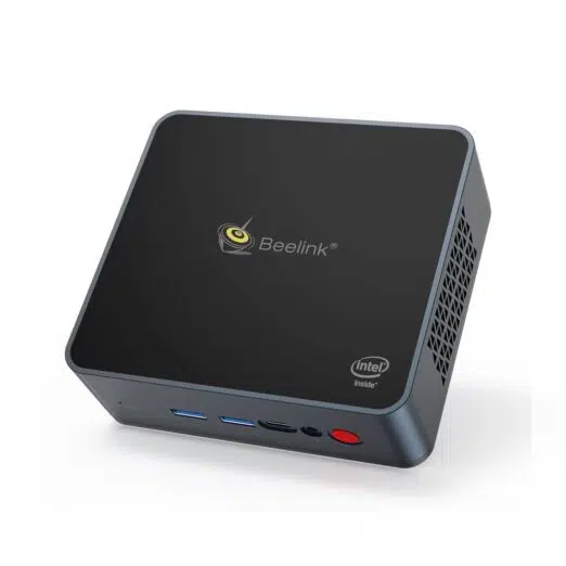 Beelink GK55 Intel Mini PC - Shown from the left at angle with Power Button, Headphone In, USB C Port and 2x USB Type-A Ports as well as right-hand side vent