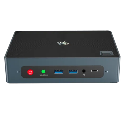 Beelink GTi 10 Windows Intel NUC Mini PC - Showing from the front with Power Button, CMOS Reset Button, 2x USB Type-A 3, 3.5mm Headphone&Microphone Jack and USB Type-C