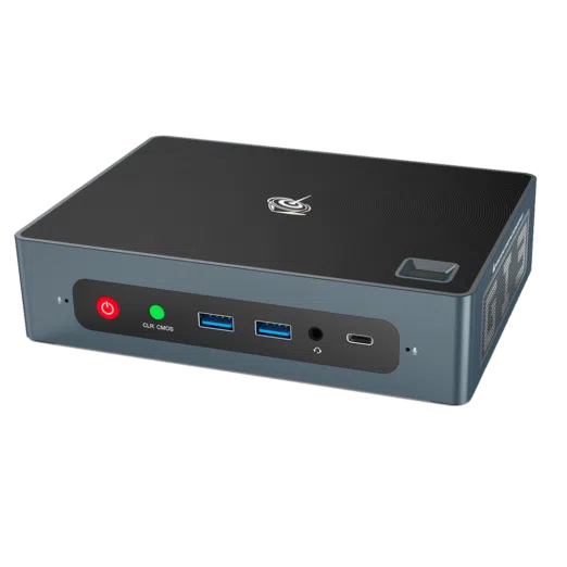 Beelink GTi 10 Windows Intel NUC Mini PC - Showing from the front with Power Button, CMOS Reset Button, 2x USB Type-A 3, 3.5mm Headphone&Microphone Jack and USB Type-C