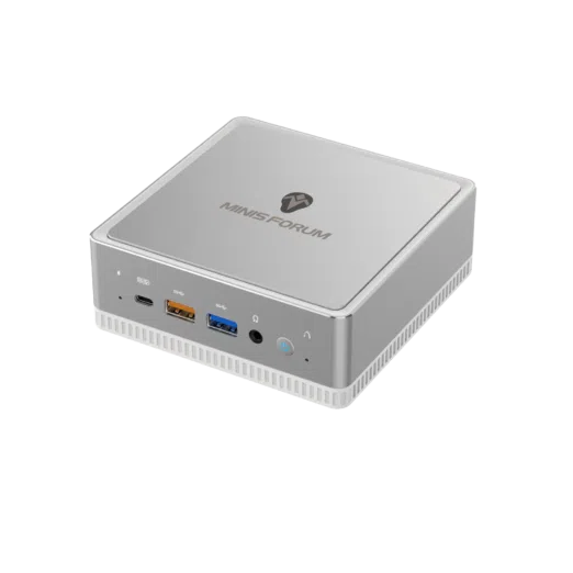 MinisForum DeskMini UM250 Ryzen Mini PC - Shown from the front at angle with 3 USB Ports, 3.5mm Audio Port and Power button