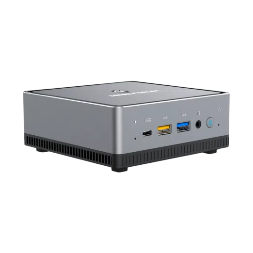 MINISFORUM DMAF5 AMD Mini PC with Ryzen 5 - Shown from left side with Mic In, 2x USB Type-A Ports, 1x USB Type-C Port, 3.5mm Jack and Power Button