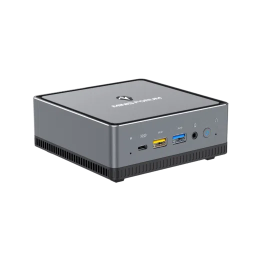 MinisForum EliteMini UM700 - Shown from an angle with 1x USB Type-C Port, and 2x USB Type-A Ports, along with a 3.5mm headphone&microphone combo jack and power button