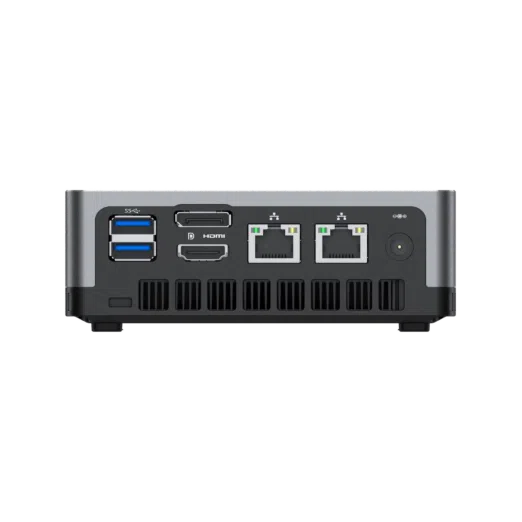 MinisForum EliteMini UM700 - Showing Rear I/O which is 2x USB Type-A 3.0, 1x HDMI, 1x DisplayPort, 2x RJ45 Ethernet Ports and Power Port