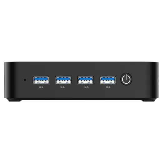 MINISFORUM GK50 Windows Mini PC - Showing from the front with Power Button and 4x USB Type-A 3.0 Ports